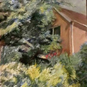 House and shrubbery, 19 by 23 on Bristol board. Pastel and acrylic paint