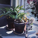 Two Flower pots on my window 
                      sill 2, acrylic paint on museum board, 20” x 26”
