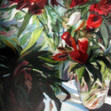 Red Flowers 1, acrylic paint 
                      on museum board, 20” by 26”