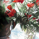 Red Flowers 4, acrylic paint 
                      on museum board, 20” by 26”